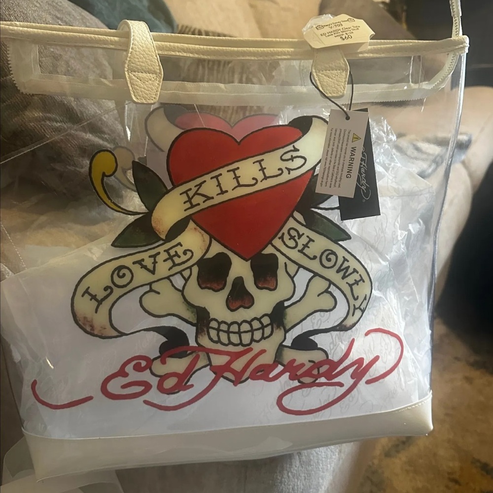 Ed Hardy Clear Tote with Skull and Heart Design